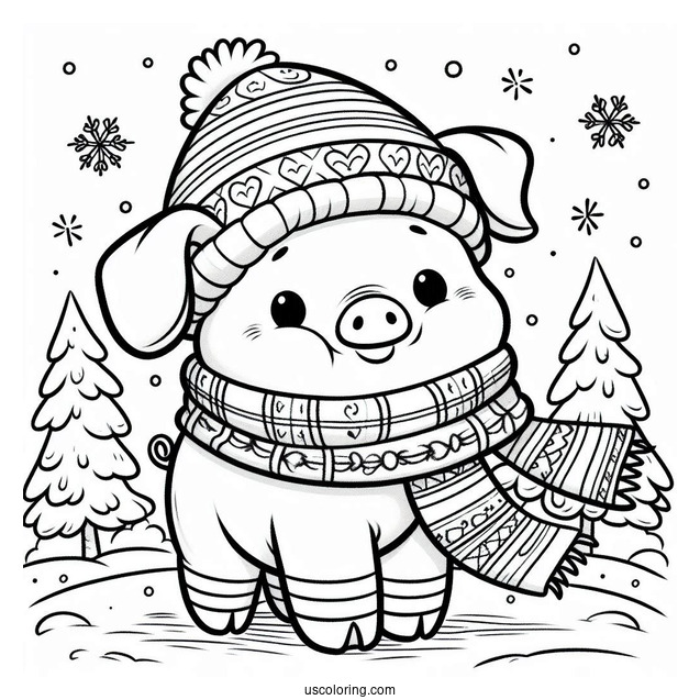 Piglet Coloring Page Wearing A Scarf in Winter