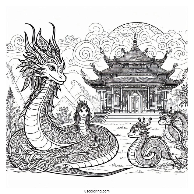 Raya And The Last Dragon Coloring Page Of Sisu, Raya, Boun, Tong, Noi, And The Ongis