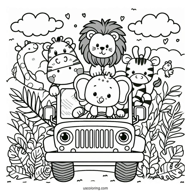 Jungle Coloring Page Of Kawaii Elephant, Lion, Zebra, Hippo, And Giraffe In Jeep For Preschoolers