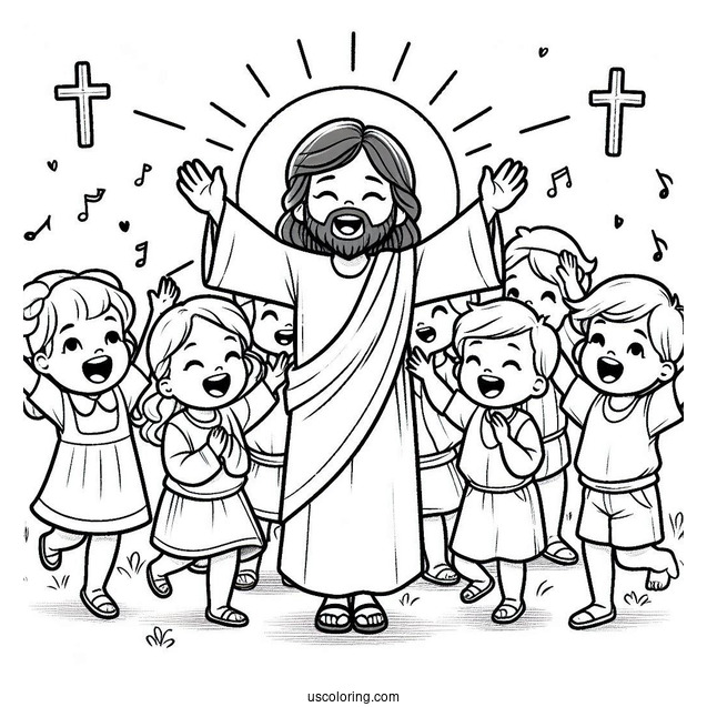Cute Children Rejoicing Around Jesus Coloring Page