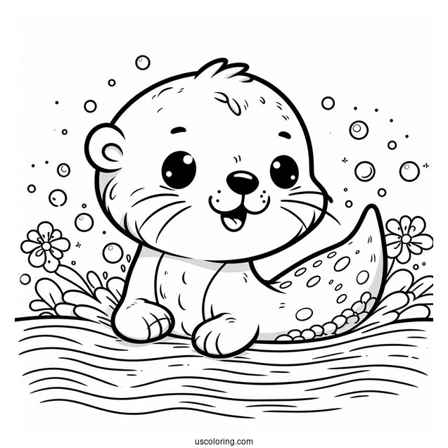 Cartoon Otter Coloring Page Swimming In River For Kids