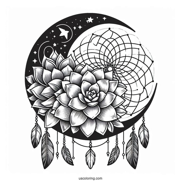 Succulent Coloring Page On A Crescent Moon Dreamcatcher