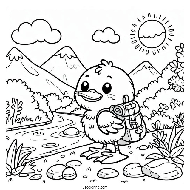 Simple Hiker Duck Next To the River Coloring Page For Preschoolers