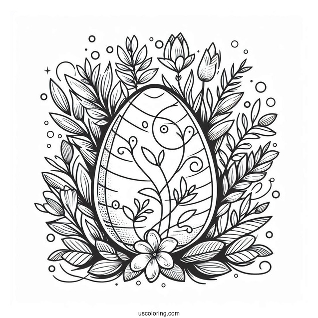 Easter Egg Coloring Page With Leafy Vines and Petals For Adults