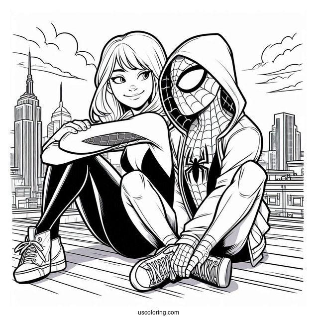 Miles Morales And Spider-Gwen Coloring Page Sitting Together On A Rooftop