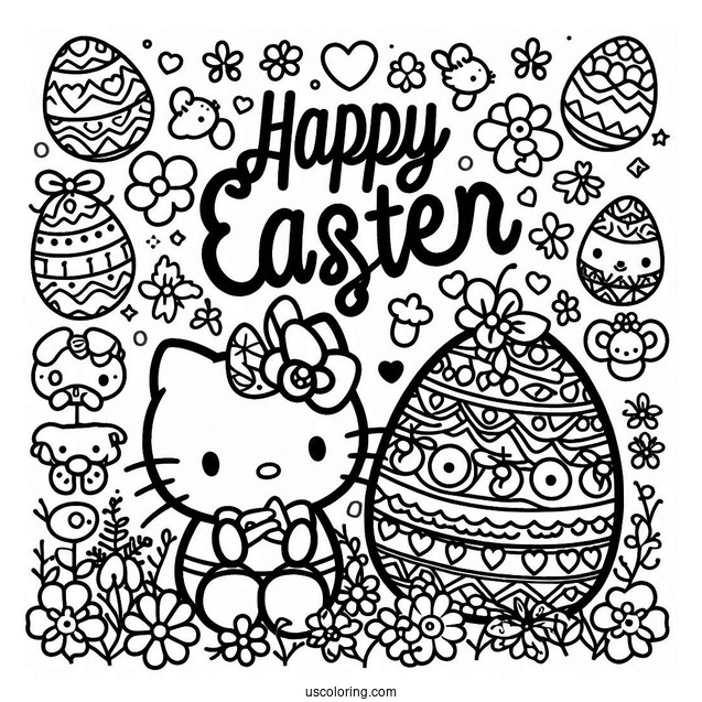 Happy Easter Word Over Hello Kitty And Easter Coloring Page Of Egg For Preschoolers