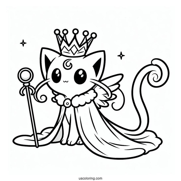 Mew Coloring Page With Crown, Robe, And Scepter For Kids