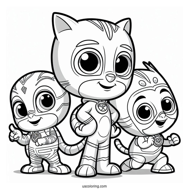 PJ Masks Coloring Page Of Gekko, Owlette, And Catboy Poster