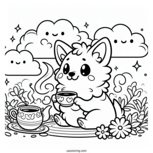 Cartoon Corgi Coloring Page In The Clouds Having Tea