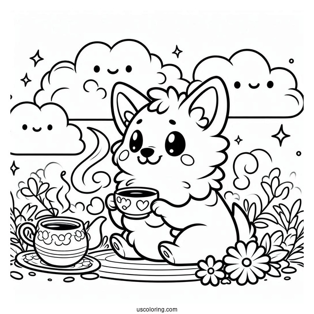 Cartoon Corgi Coloring Page In The Clouds Having Tea