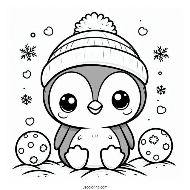 Cute Baby Penguin With Snow Balls Coloring In