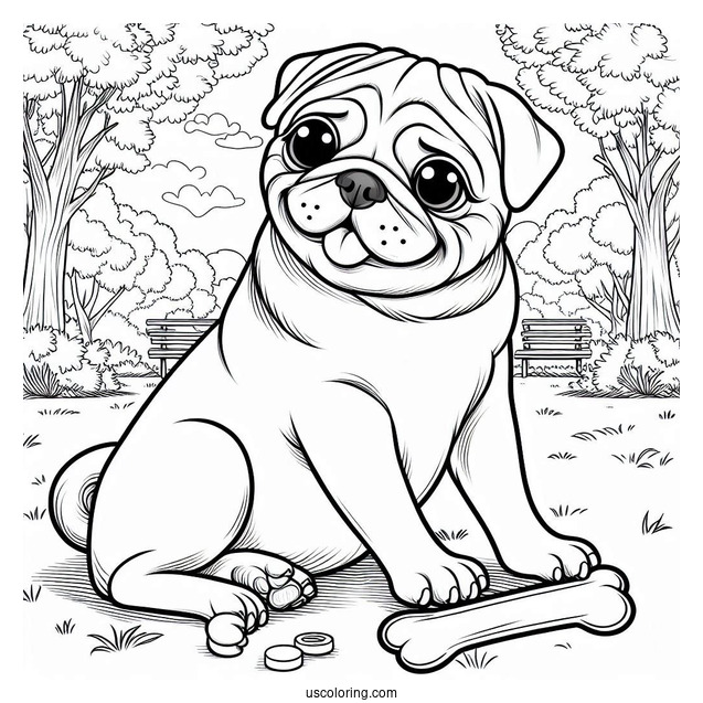 Pug In a Park With Bone To Color