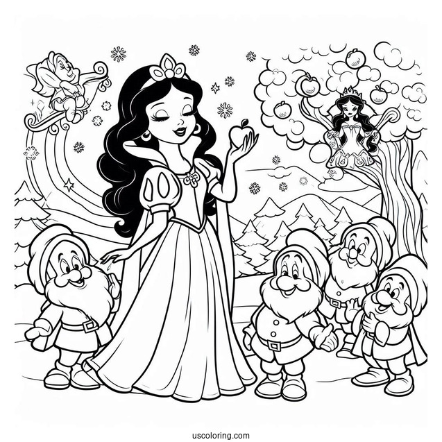 Snow With With Seven Dwarfs And Evil Queen To Color