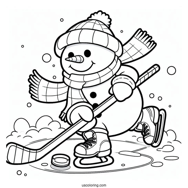 Coloring Sheet Of a Snowman Playing Ice Hockey