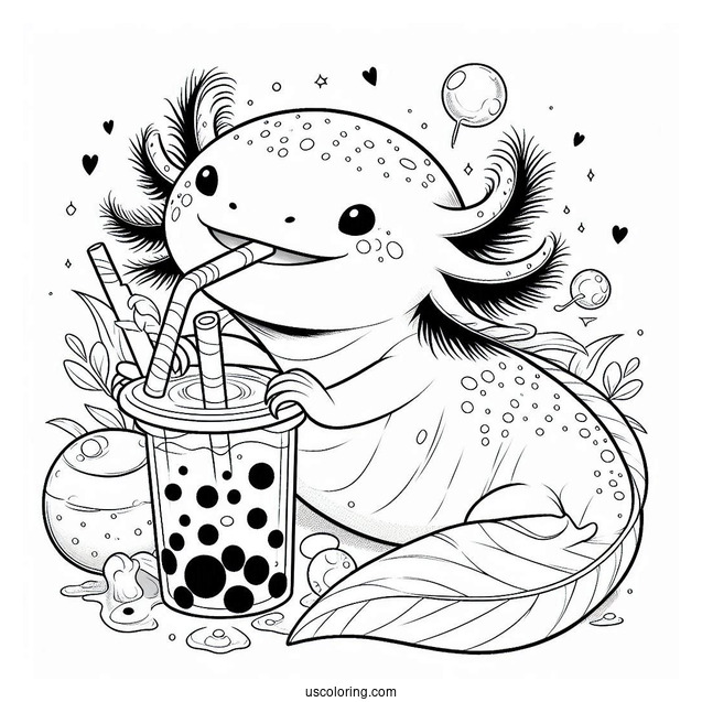 Axolotl Coloring Page Drinking Boba Tea For Kids