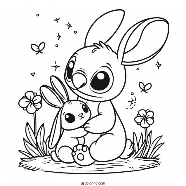 Stitch With His Arm Around A Rabbit Coloring Page