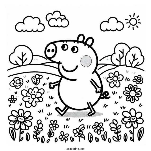 Peppa Pig Walking In Field With Flowers