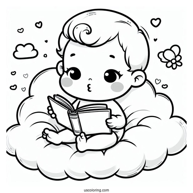 Adorable Baby Coloring Page Reading On A Cloud