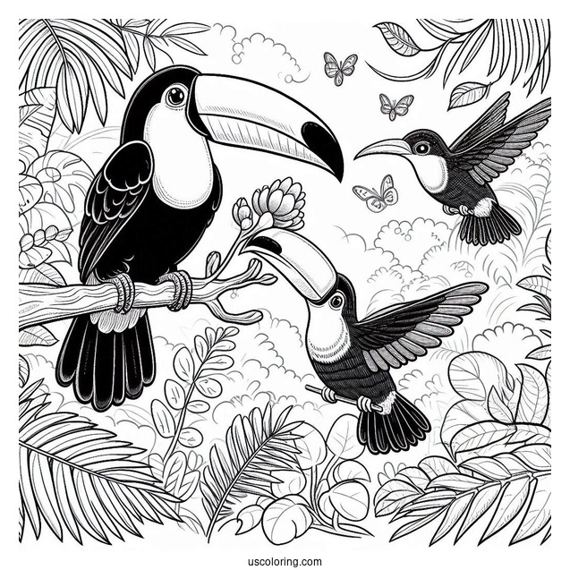 Toucans And Hummingbirds In The Jungle Coloring Page