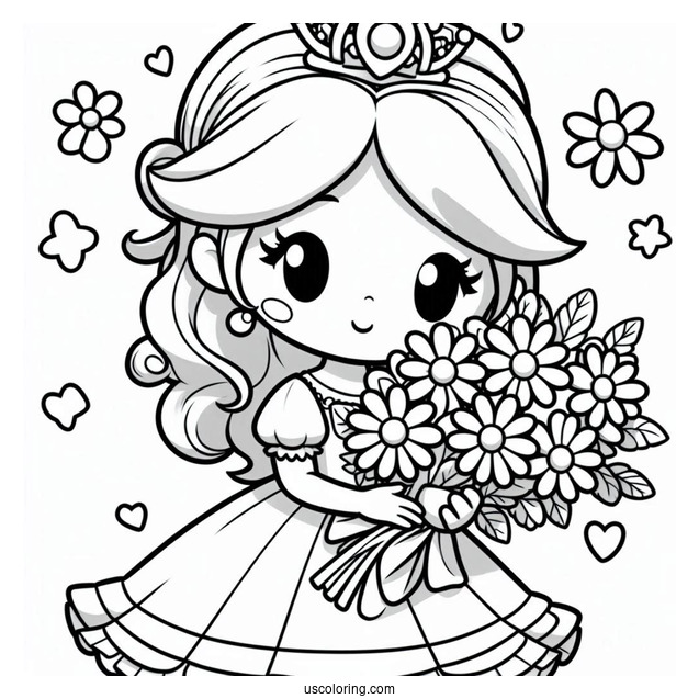 Cartoon Princess Daisy Coloring Page Holding Flower Bouquet
