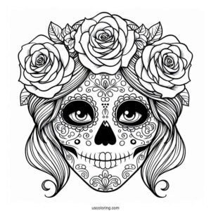 Smiling Female Sugar Skulls Coloring Page With Roses In The Eyes