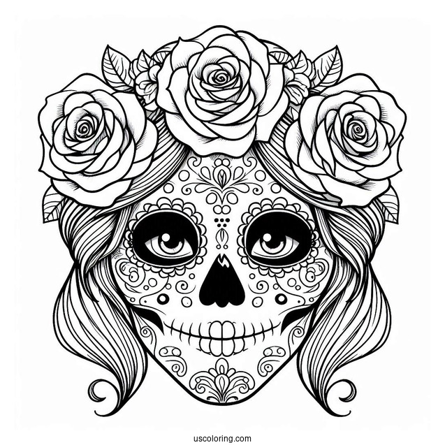 Smiling Female Sugar Skulls Coloring Page With Roses In The Eyes