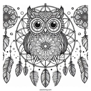 Owl Mandala Dreamcatcher Coloring Page