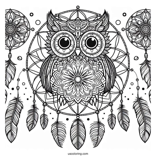 Owl Mandala Dreamcatcher Coloring Page