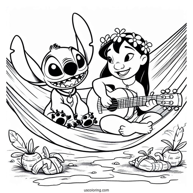 Lilo And Stitch Playing Guitar On a Hammock Coloring Page