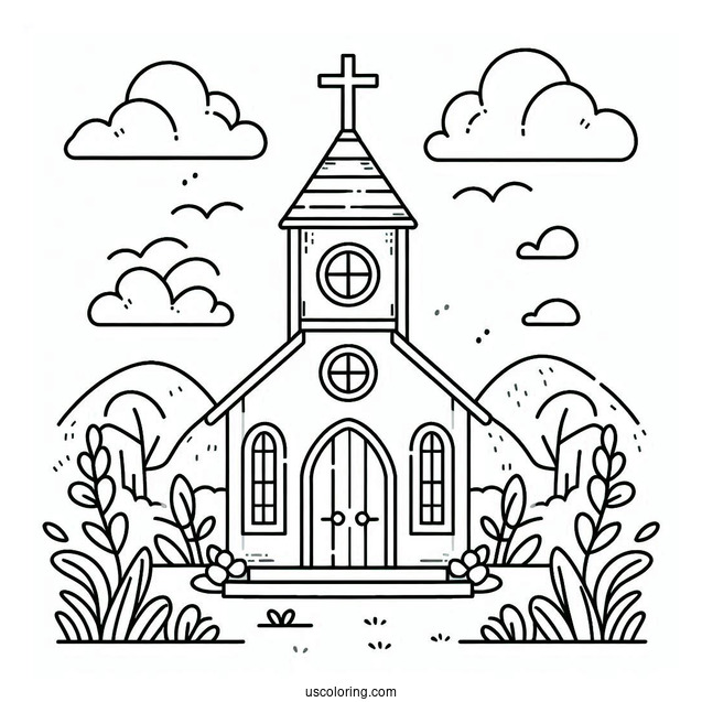 Easy Church Coloring Page Outline With A Cross For Preschoolers