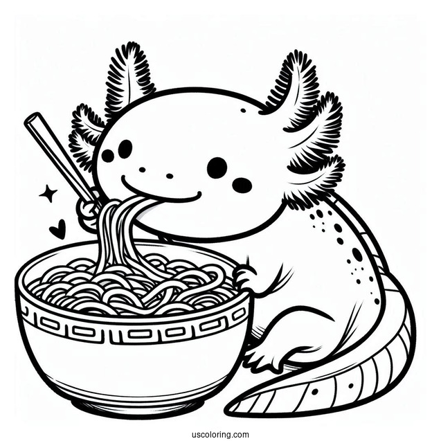 Axolotl Coloring Page Eating Ramen For Kids
