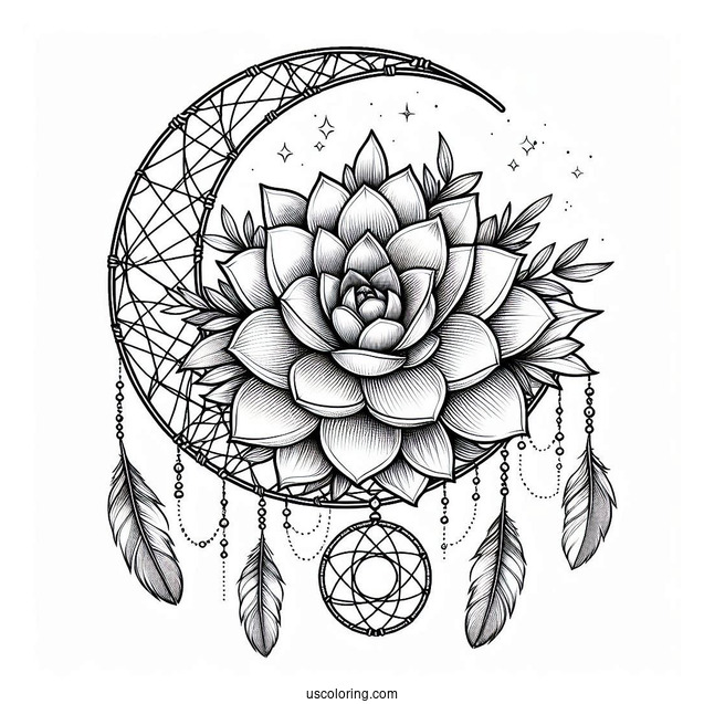 Succulent Coloring Page On A Crescent Moon Dreamcatcher