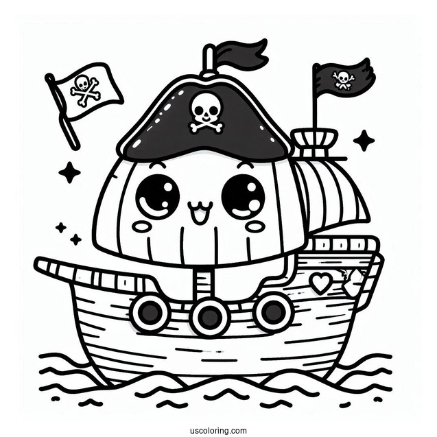Kawaii Cartoon Pirate Ship Coloring Page For Preschoolers