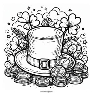 St Patrick_s Hat With Gold Coins And Horseshoe To Color