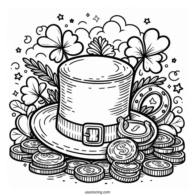 St Patrick_s Hat With Gold Coins And Horseshoe To Color