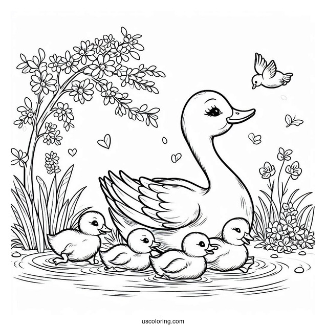 Ducklings Following Mom In The Pond