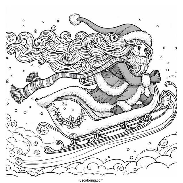 Santa Flying On A Sleigh Over The North Pole Coloring Page For Kids