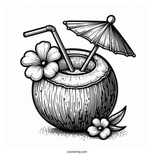 Coconut Coloring Page Piña Colada With Flower And Mini Umbrella