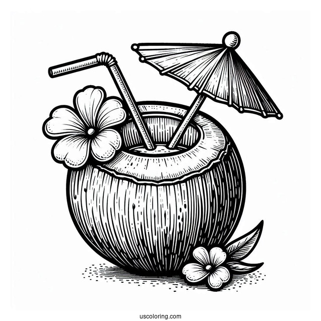 Coconut Coloring Page Piña Colada With Flower And Mini Umbrella