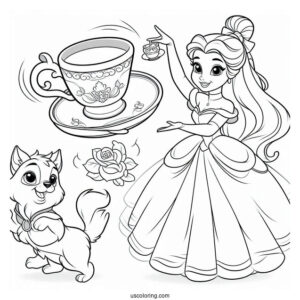 Palace Pets Coloring Page Of Teacup Performing Tricks For Belle And The Villagers