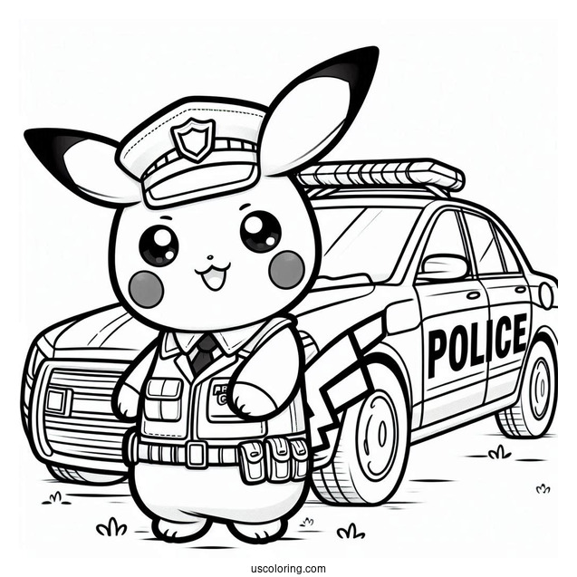 Officer Pikachu Outside Police Car Coloring Page For Kids