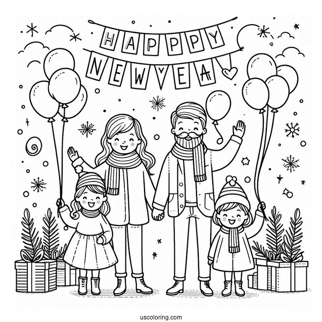 Family Celebrating The New Year Coloring Page With Banners And Balloons For Kids