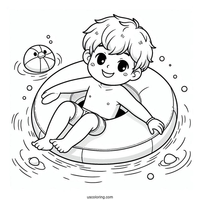 Swimming Coloring Page Of Happy Little Boy Wearing Pool Float For Kids