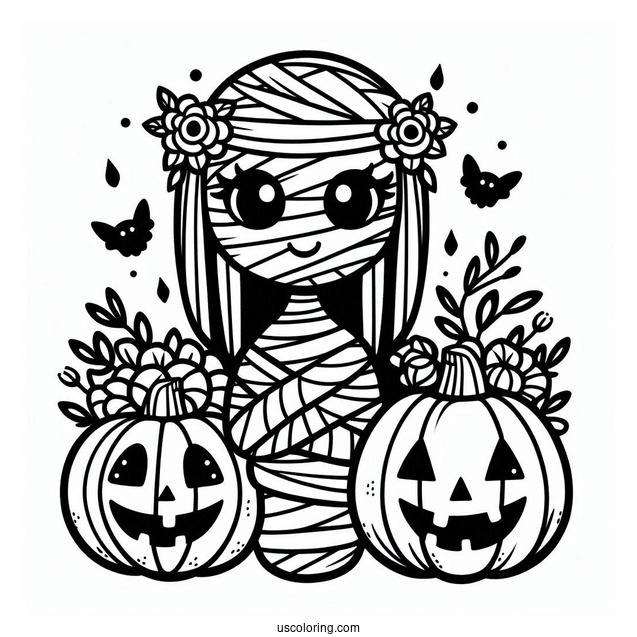 Adorable Egyptian Mummy Coloring Page With Jack O Lanterns