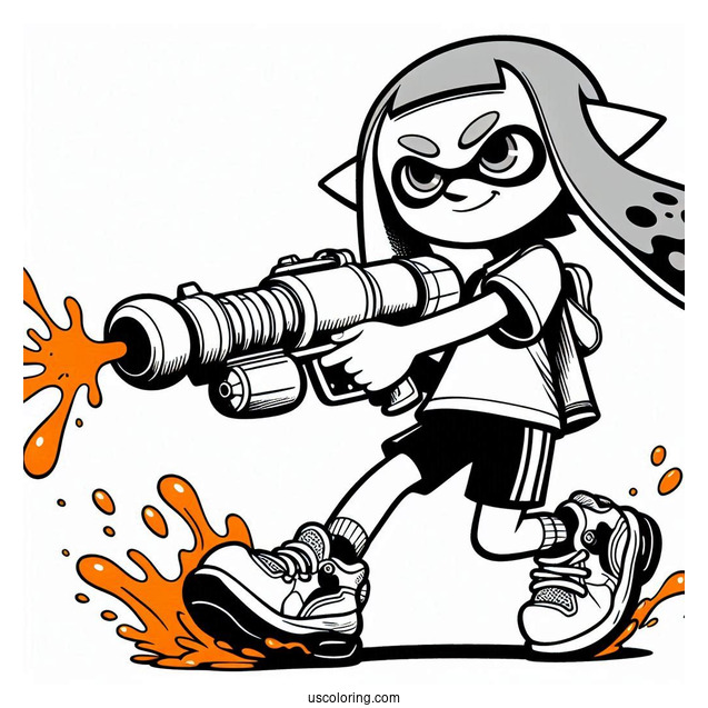 Splatoon Coloring Page Of Blue Inkling Boy Shooting Orange Inkling Girl