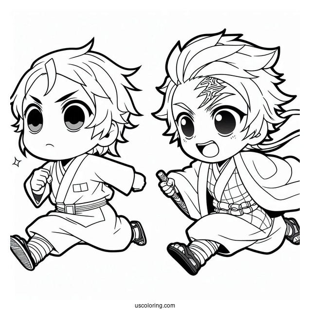 Chibi Zenitsu Chasing Tanjiro Coloring Page For Kids