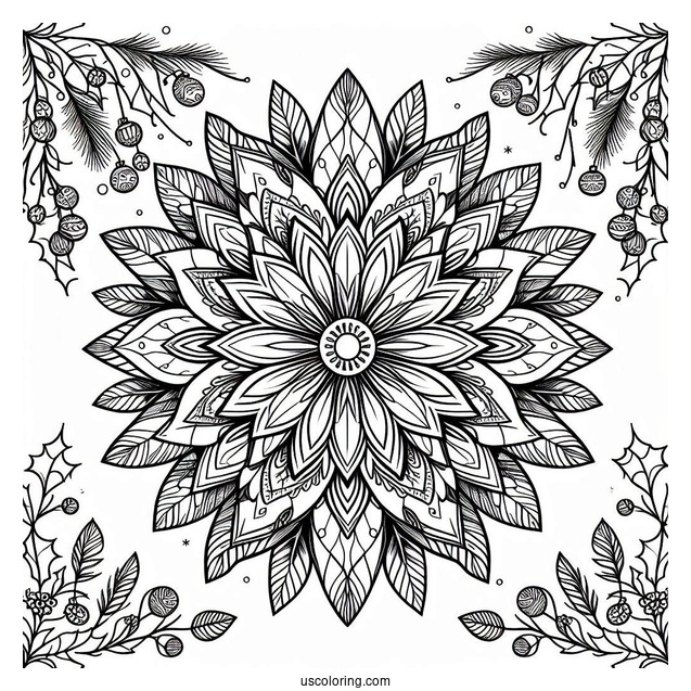 Flower Christmas Mandala Coloring Page Surrounded By Mistletoes