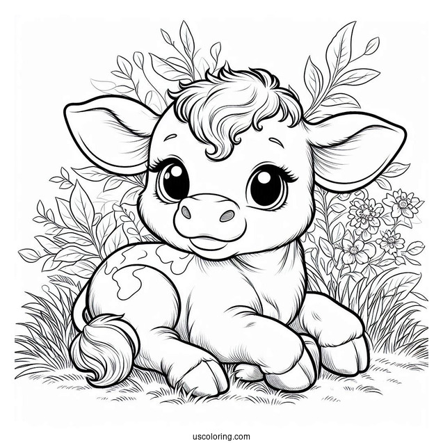 Baby Cow Resting In Grass Coloring Page