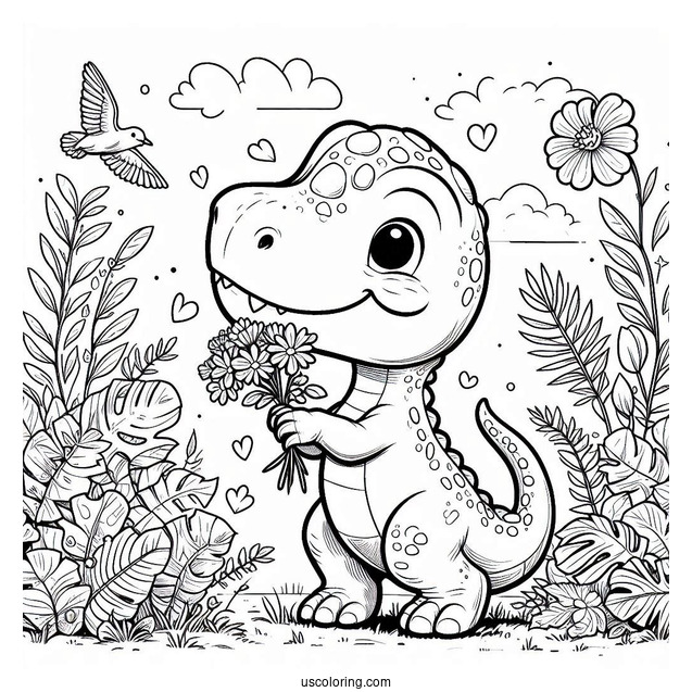 Baby T-Rex Smelling Flowers Coloring Sheet