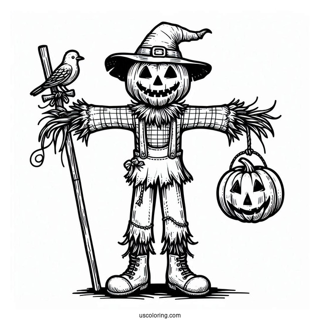Scarecrow Coloring Page With Jack Lantern Head For Kids